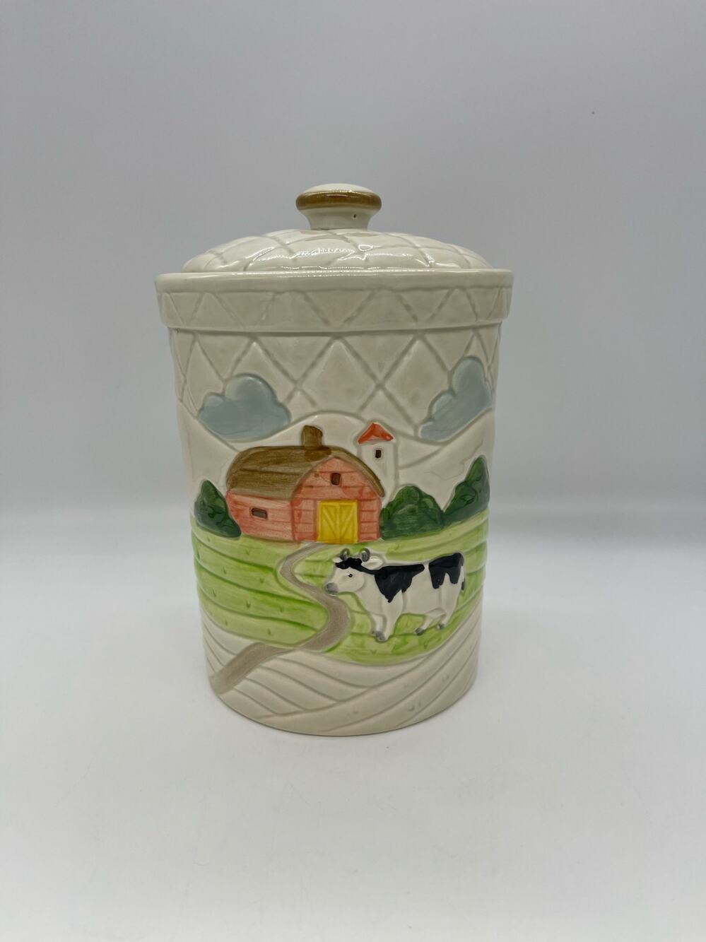 Otagiri Canister Ceramic Barn Cow Strainer Quilted Farm style 1982